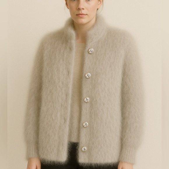 Vintage Exclusively Misook Gray Angora Hair Fuzzy Button-Up